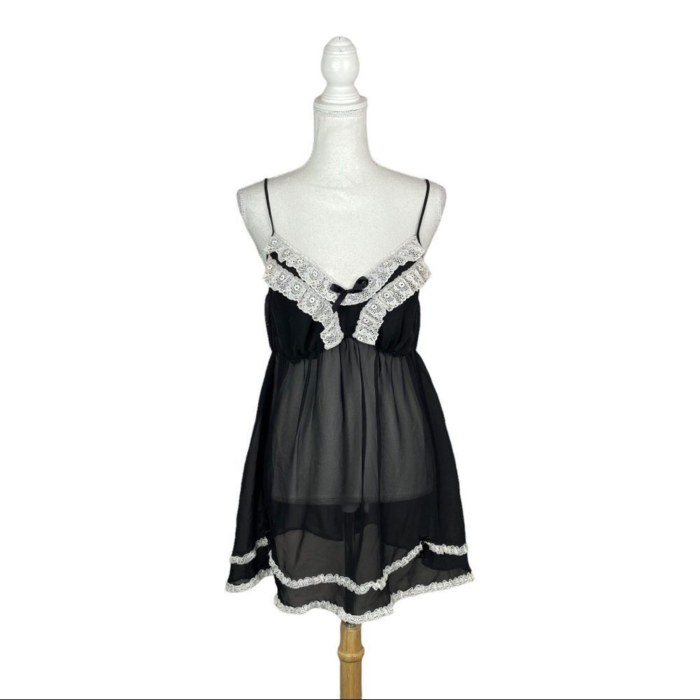 Flora Nikrooz Black And White Lace Sheer Baby Doll Chemise Nightie Lingerie